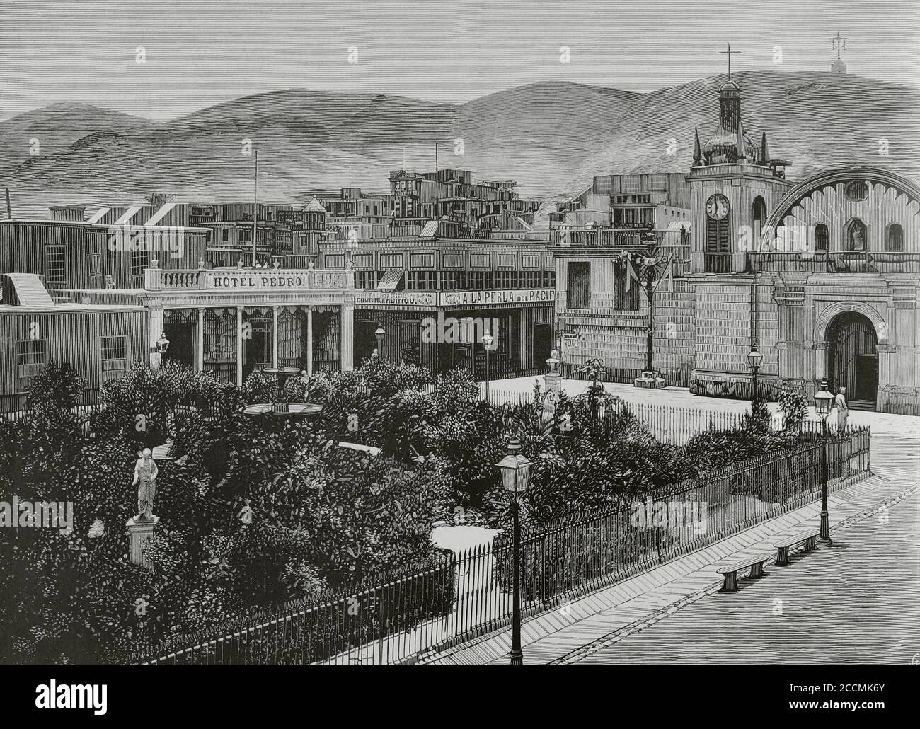 The War of the Pacific or Saltpetre War. Armed conflict that pitted Chile against the allies of Bolivia and Peru (1879-1883). Peru, Chorrillos. View of the town's main square, before the battle of January 13, 1881. Chorrillos was a district of the Lima province, part of the city of Lima. It served as a luxury beach resort until it was almost totally destroyed by Chilean troops during the War of the Pacific. Engraving. La Ilustracion Española y Americana, 1881. Stock Photo