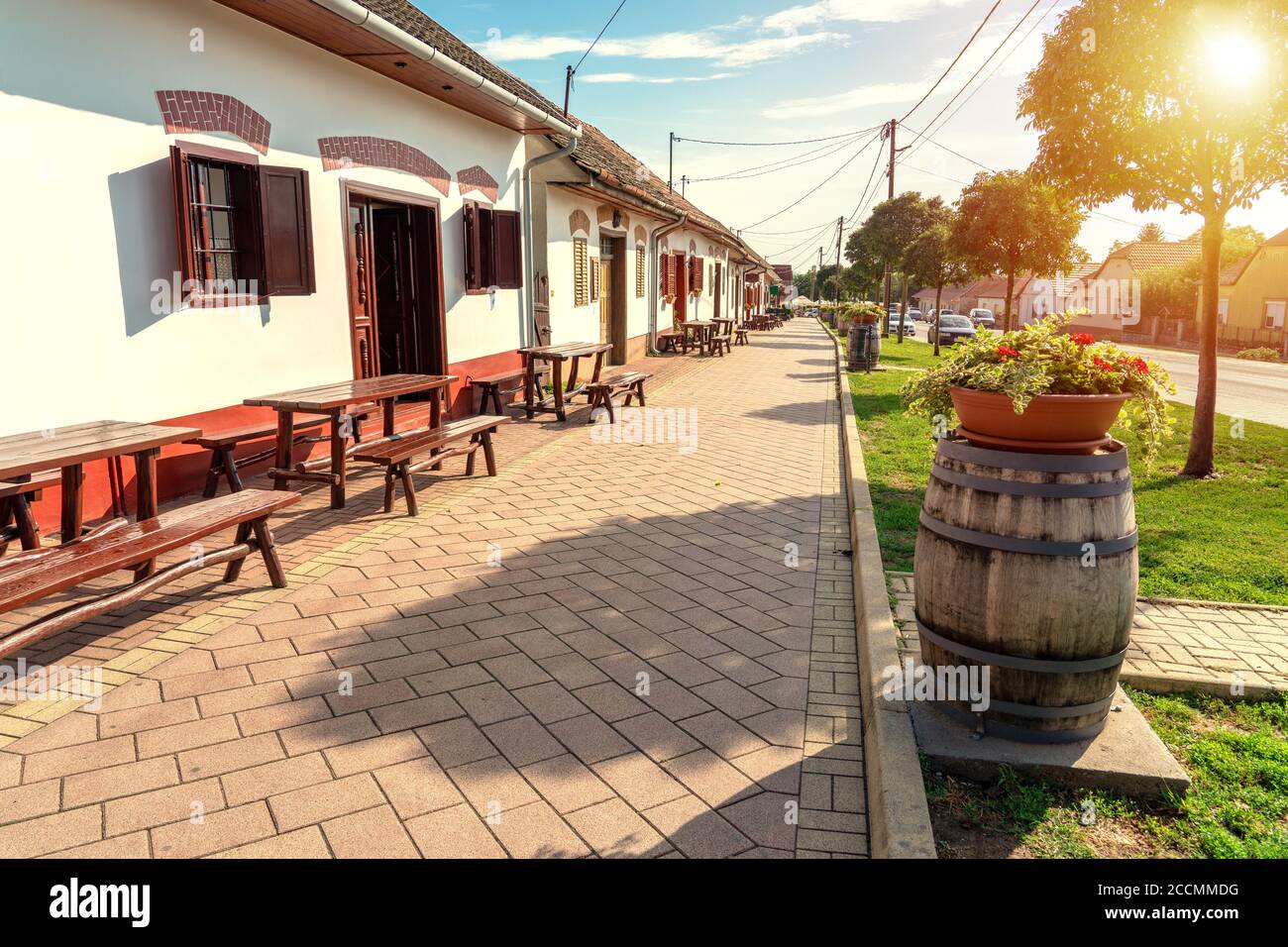 cityscape of Villany Hungary with barrels and cellers on the walking street Stock Photo