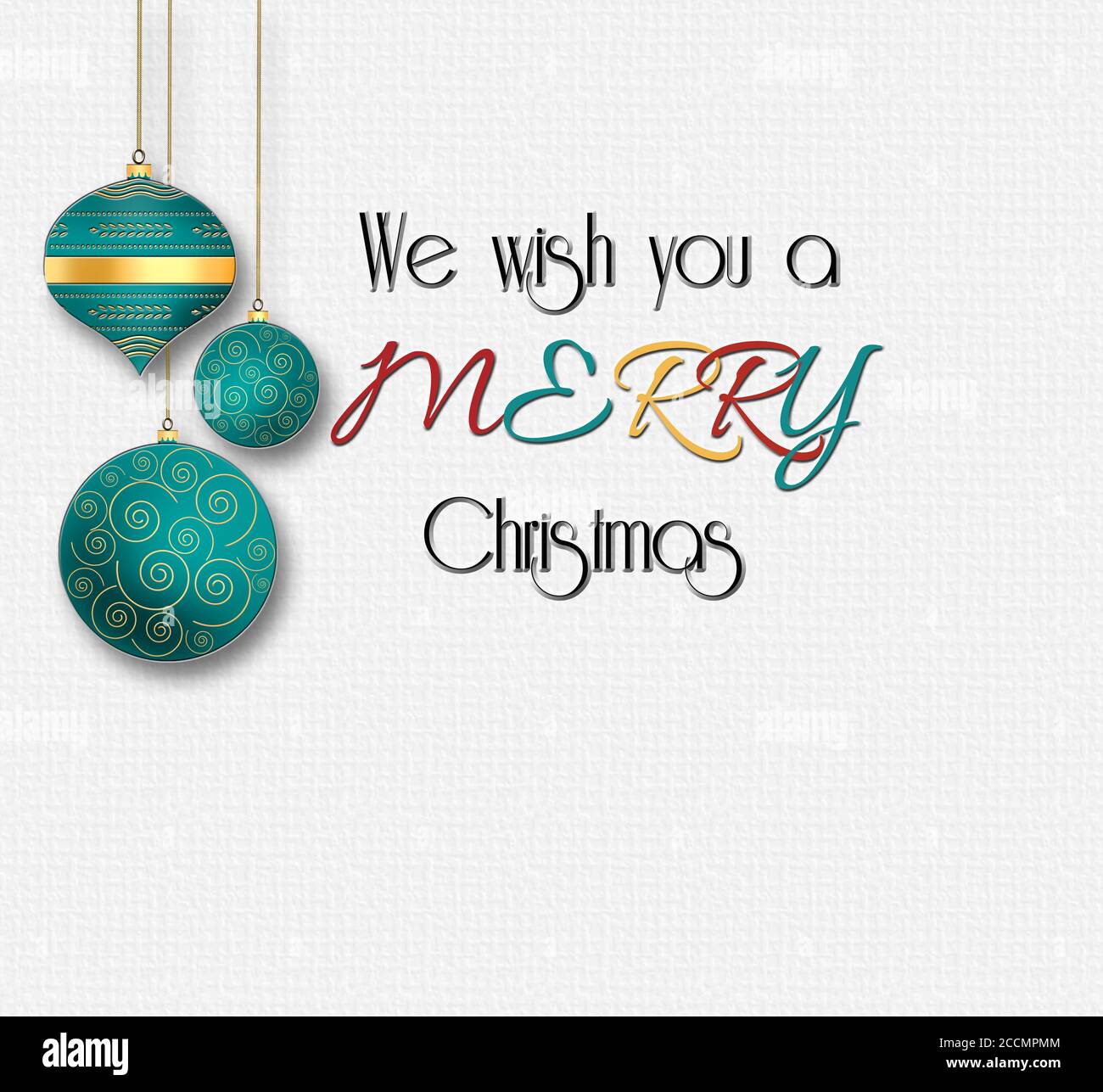 Minimalist Christmas wishes card with text We Wish You a Merry Christmas  with hanging turquoise blue balls on white background and gold frames. 3D  ill Stock Photo - Alamy