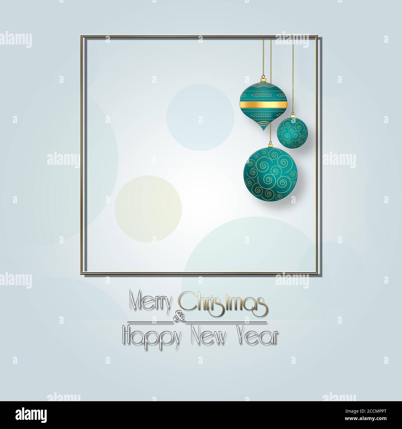 Pastel blue winter design. Turquoise blue hanging balls, text Merry Christmas and Happy New Year. Minimalist background for 2021 New Year. Christmas f Stock Photo