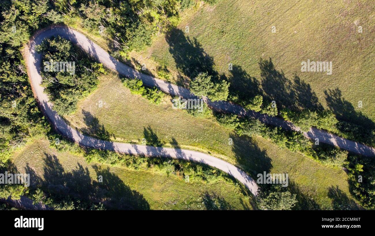 zenith aerial view of a road with hairpin bend and trees around Stock Photo