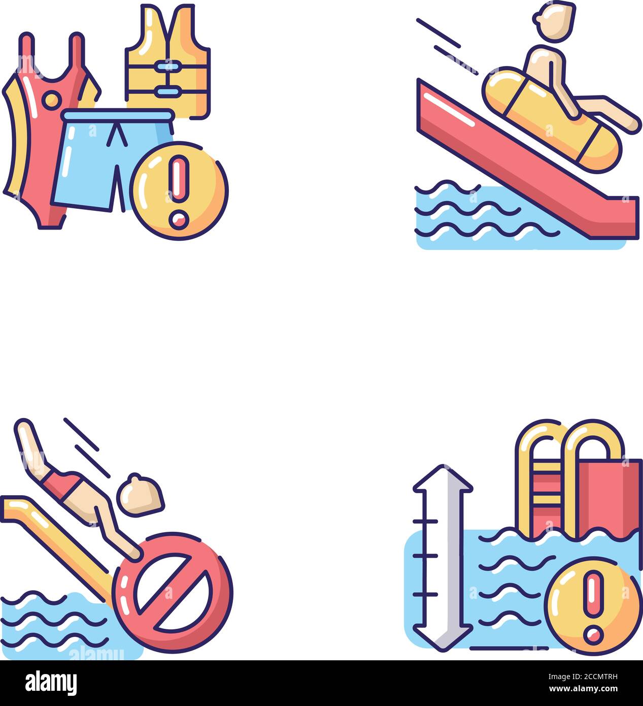 Water park rules and restrictions RGB color icons set Stock Vector