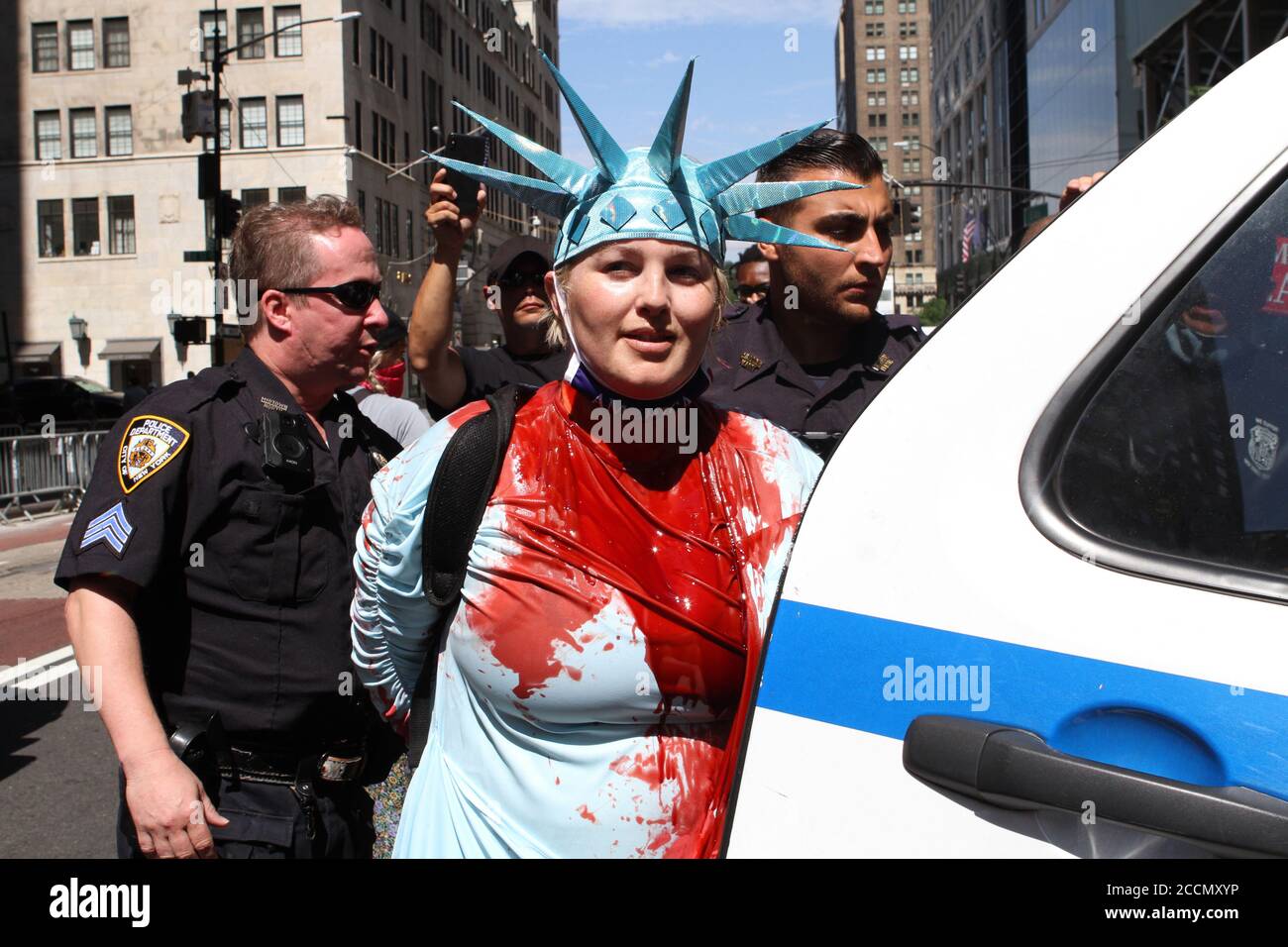 August 23, 2020, New York, New York, USA: Juliet Germanotta age 39 dressed as Lady Liberty smears red paint on the Black Lives Matter mural in front of Trump Tower in Manhattan she was arrested and taken to the Midtown south precinct  . 8/23/2020 (Credit Image: © Bruce Cotler/ZUMA Wire) Stock Photo