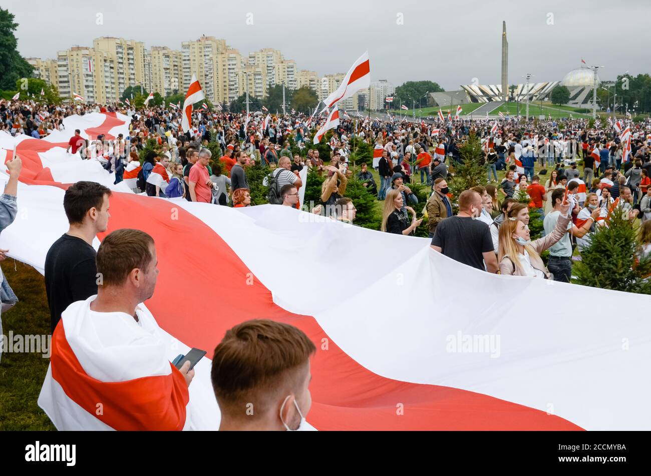 Minsk, Belarus - August 16, 2020: Belarusian people participate in peaceful protest after presidential elections in Belarus Stock Photo