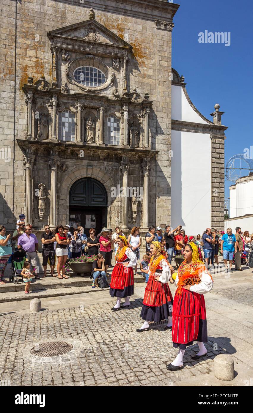 Viana do Castelo, Portugal - August 21, 2015: Stewardship parade, with three mordomas parading before the public. Stock Photo