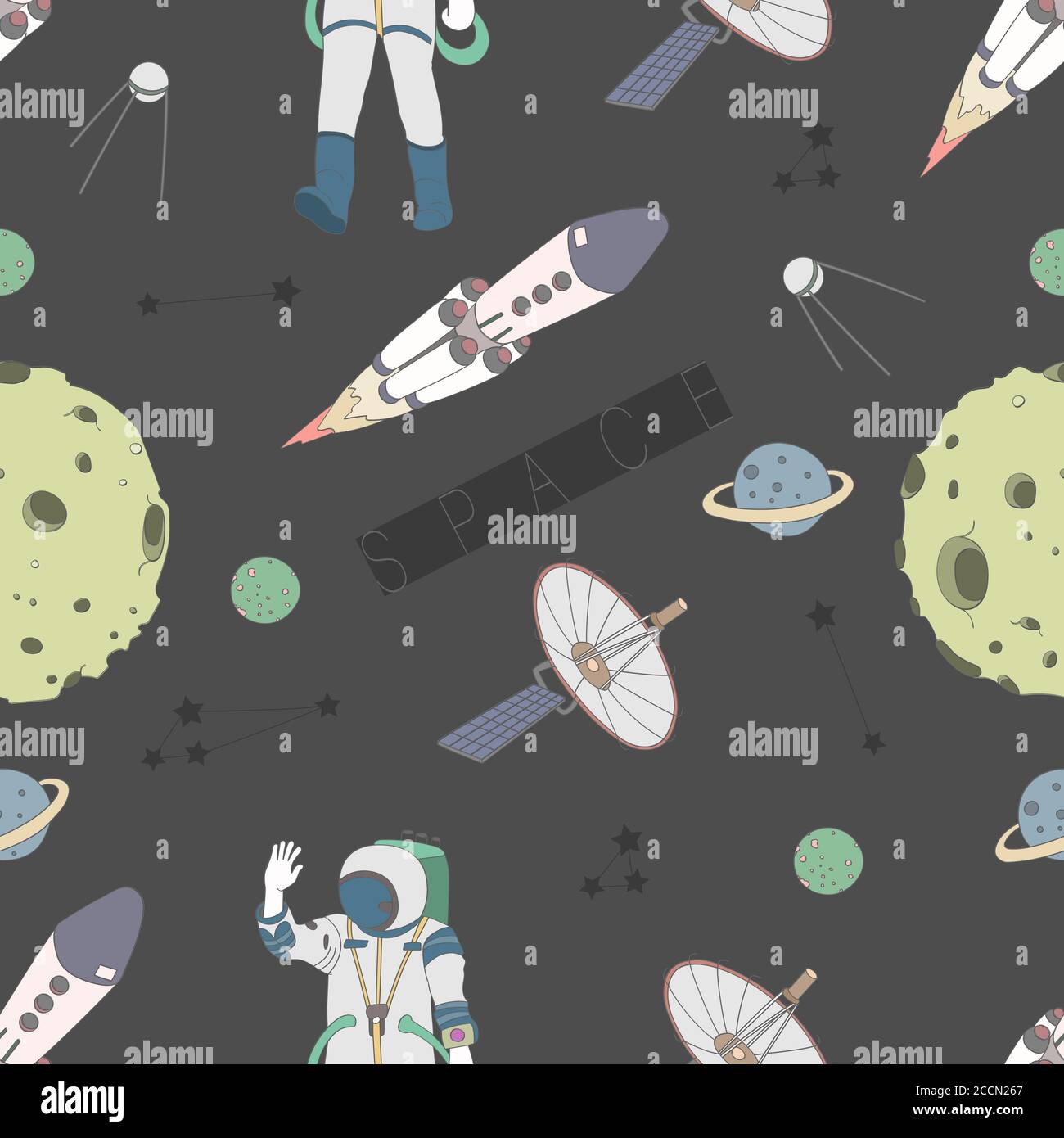 Vector pattern space concept. Astronaut, rocket, moon, planet, stars  Stock Vector