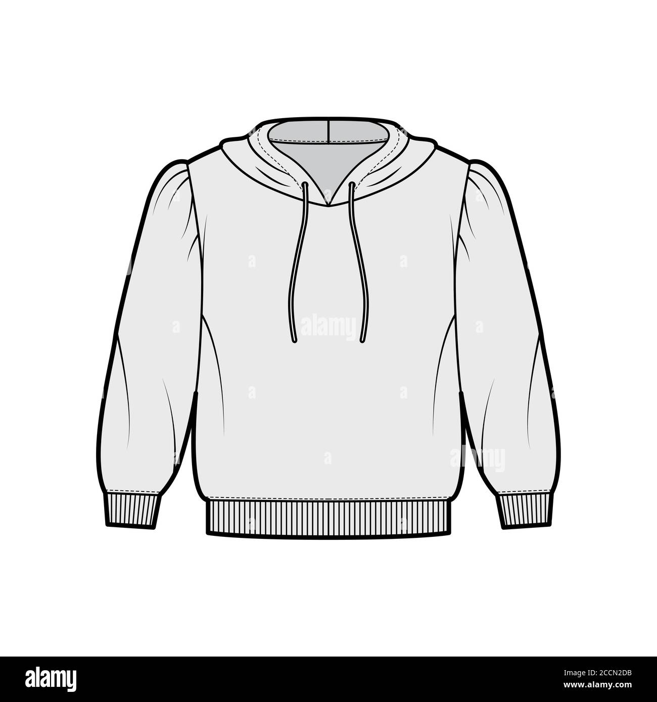 Cropped cotton-jersey hoodie technical fashion illustration with loose fit, puffed shoulders, elbow sleeves ribbed trims. Flat jumper apparel template front grey color. Women men unisex sweatshirt top Stock Vector