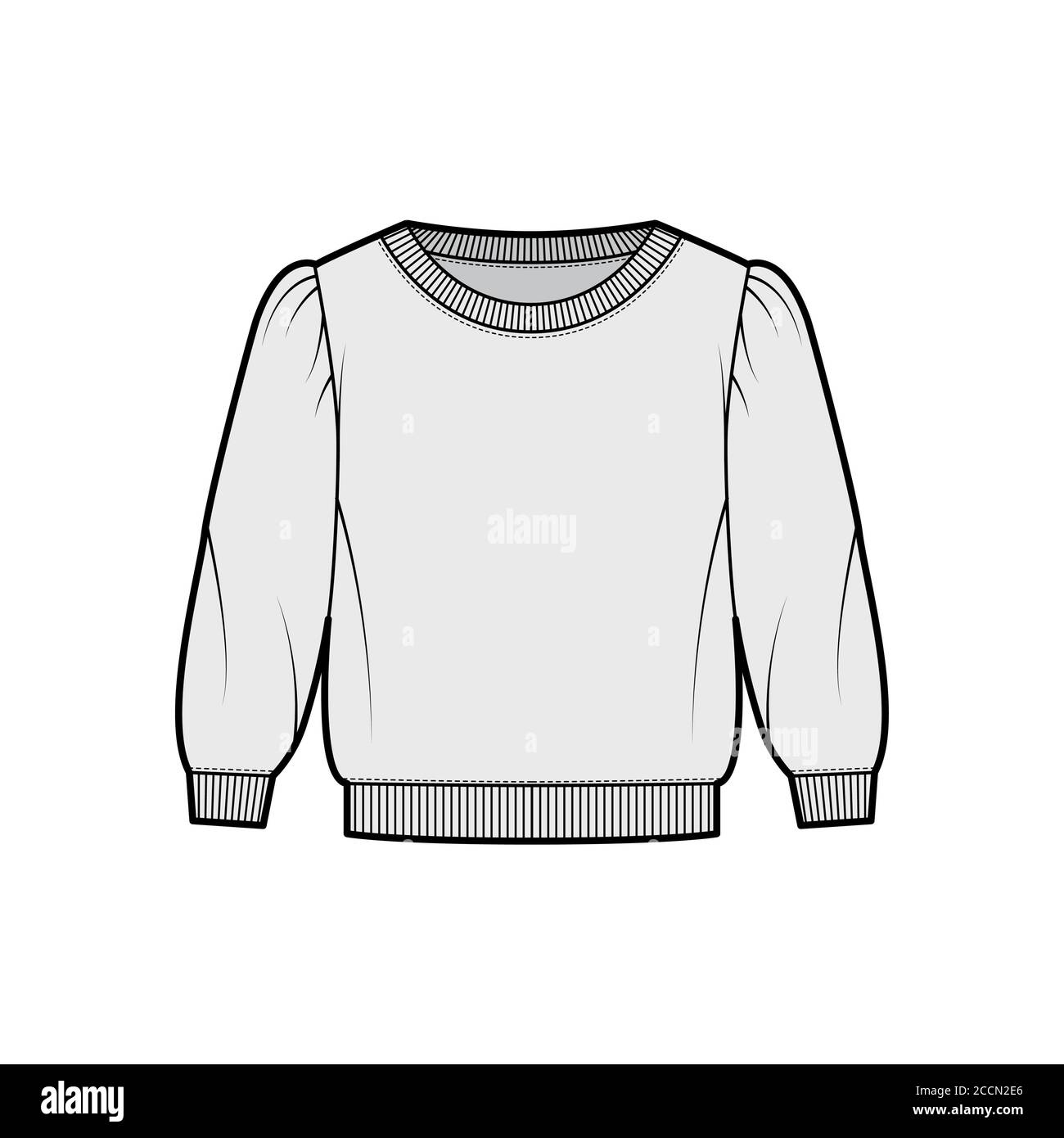 Cropped cotton-terry sweatshirt technical fashion illustration with scoop neckline, puffed shoulders, elbow sleeves. Flat outwear jumper apparel template front grey color. Women, men unisex top CAD Stock Vector