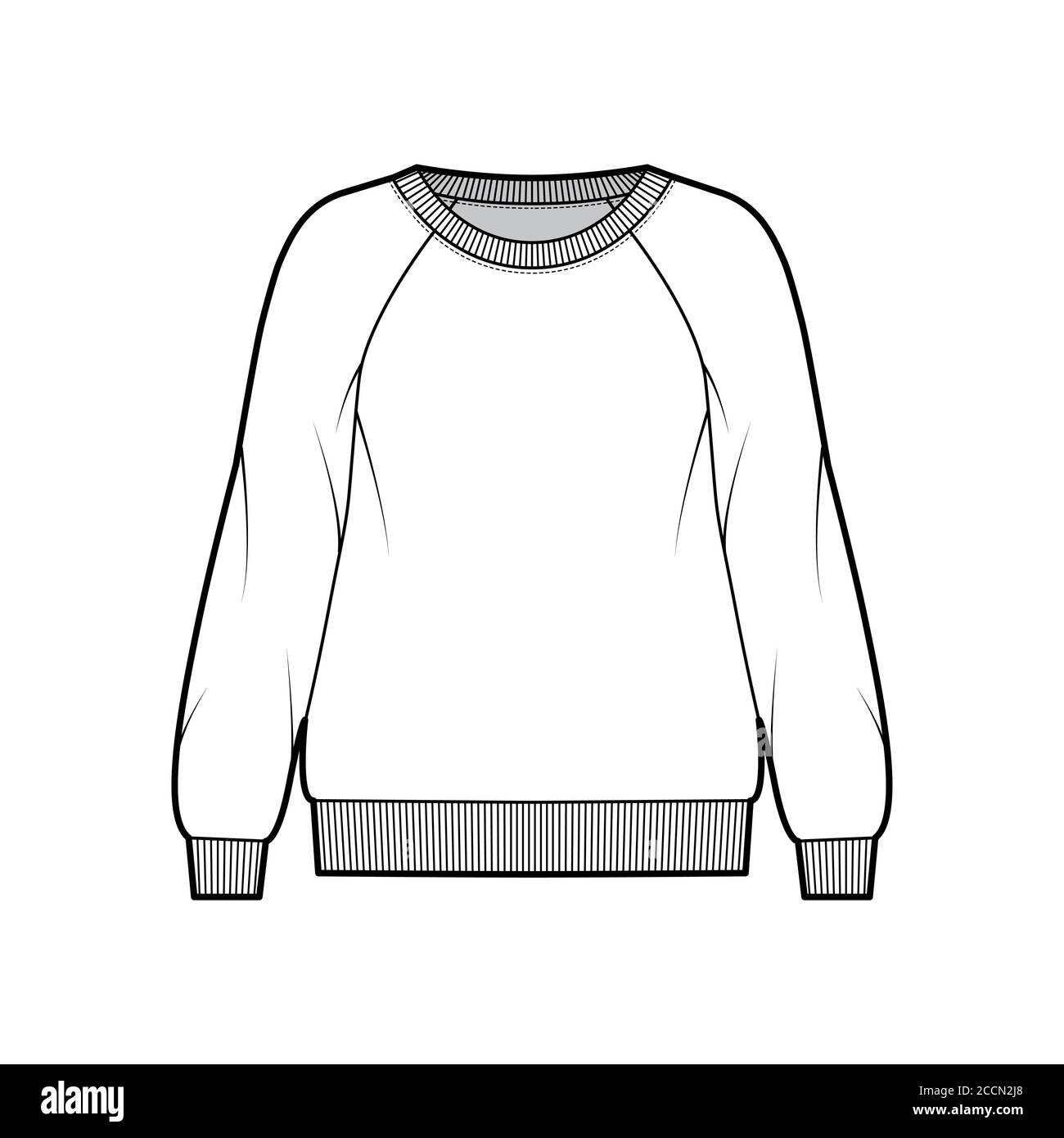 Oversized cotton-terry sweatshirt technical fashion illustration with scoop neckline, long raglan sleeves, ribbed trims. Flat outwear jumper apparel template front white color. Women, men unisex top Stock Vector