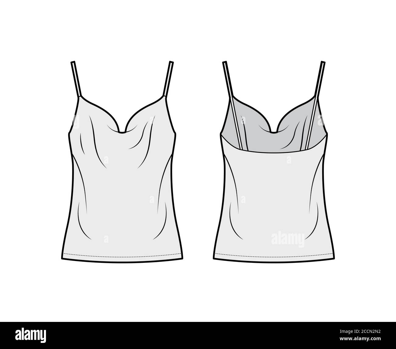 Camisole Technical Fashion Illustration With Vintage-inspired Cowl Neckline,  Relaxed Fit, Tunic Length. Flat Outwear Tank Apparel Template Front, Grey  Color. Women, Men Unisex Shirt Top CAD Mockup Royalty Free SVG, Cliparts,  Vectors,