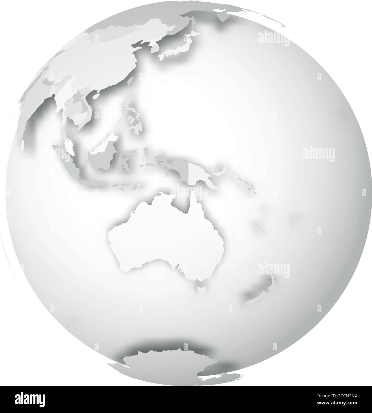 Earth globe. 3D world map with grey political map of countries dropping shadows on white seas