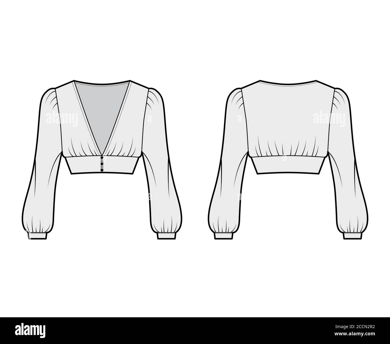 Cropped top technical fashion illustration with long bishop sleeves, puffed shoulders, front button fastenings. Flat apparel shirt template front back, grey color. Women men, unisex blouse CAD mockup Stock Vector