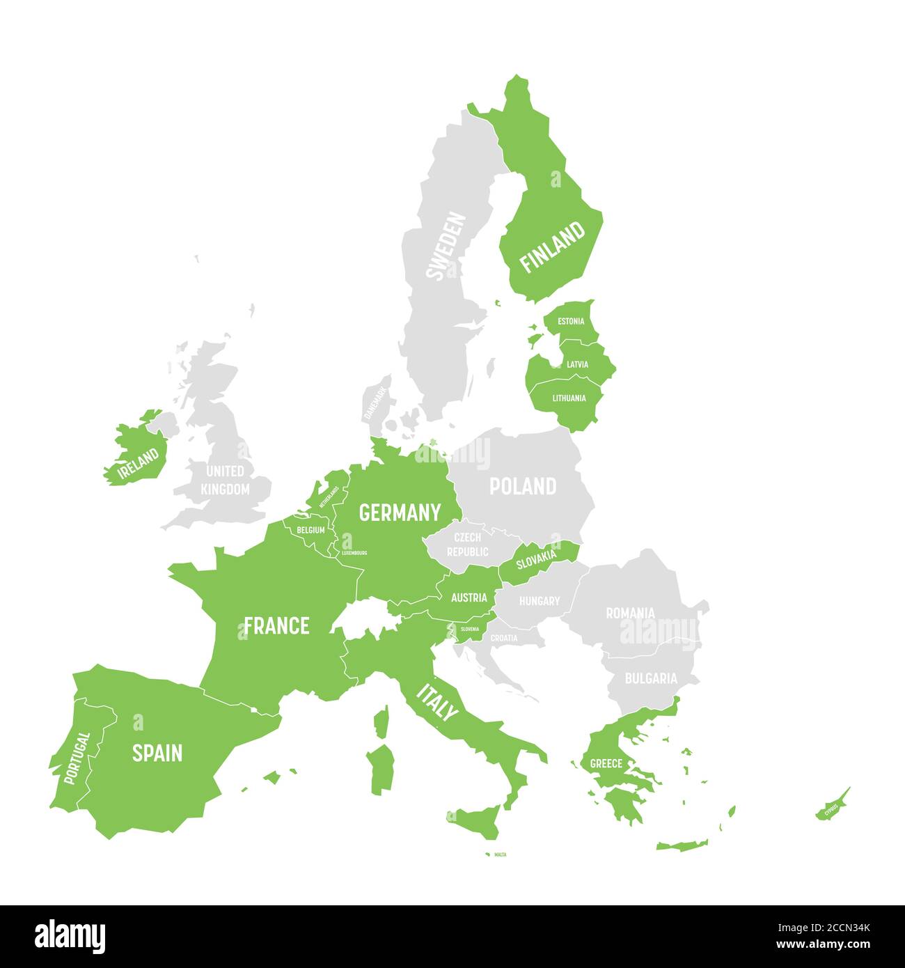 Map of Eurozone. States using Euro currency. Grey vector map of EU member states with green highlighted Eurozone countries. Stock Vector