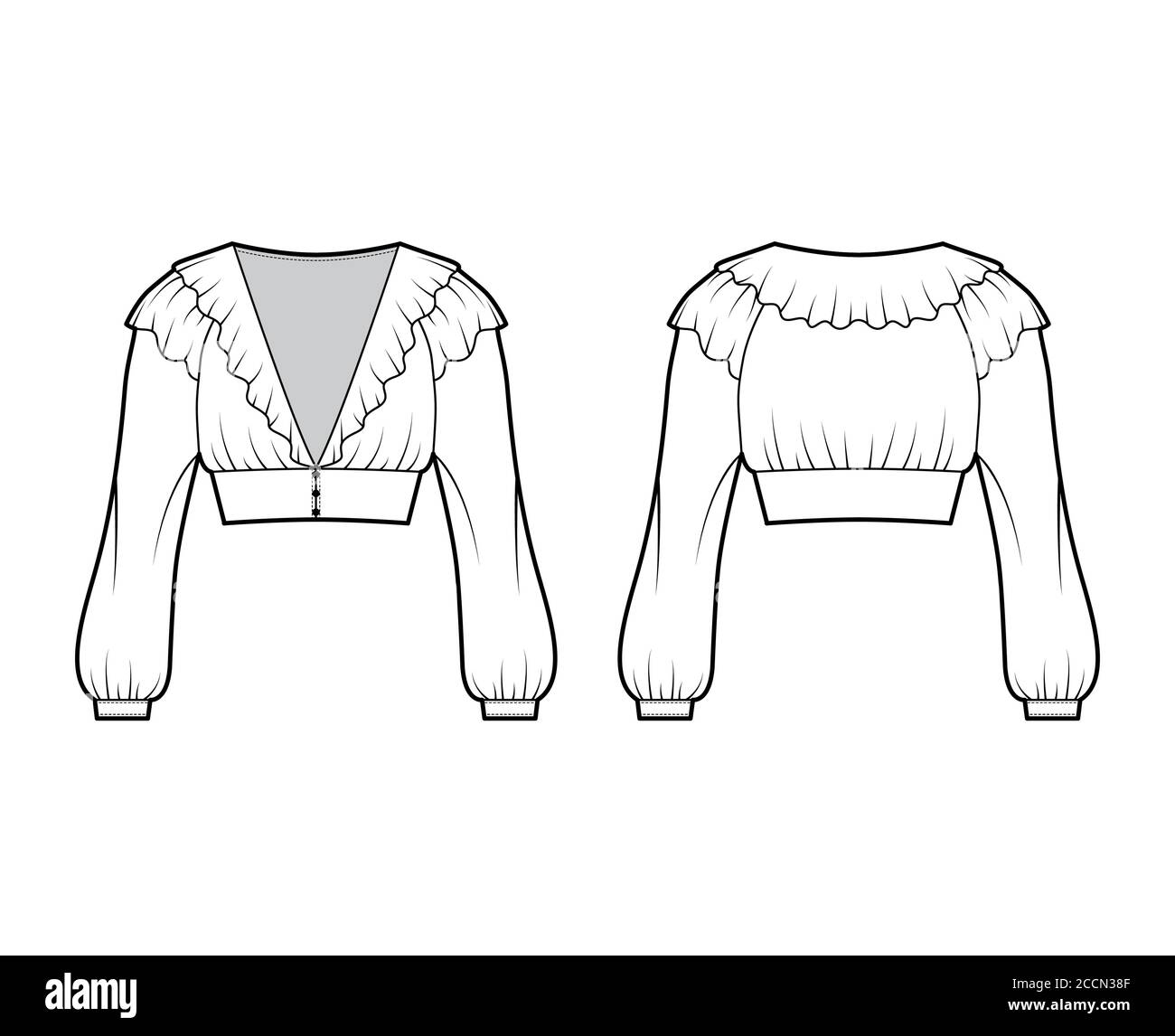 Ruffled cropped blouse technical fashion illustration with long bishop sleeves, puffed shoulders, front button fastenings. Flat apparel top template front, back white color. Women men unisex shirt CAD Stock Vector