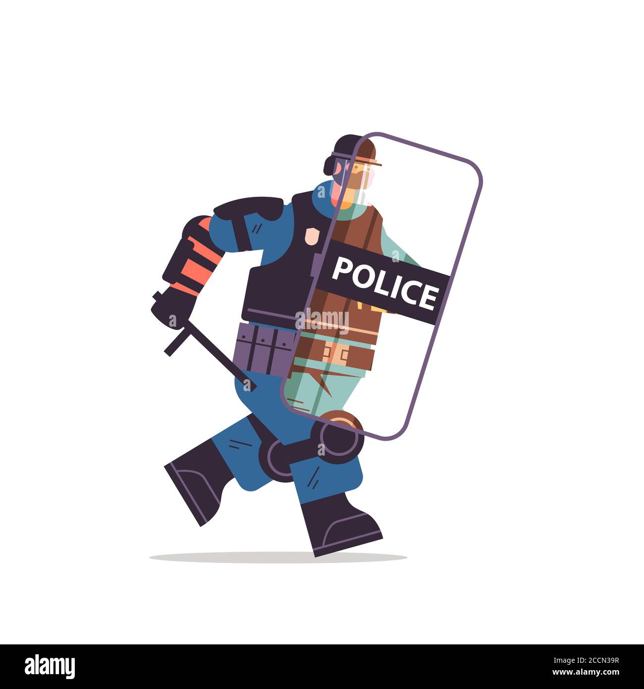 policeman in full tactical gear riot police officer running with shield and baton protester and demonstration riots mass control concept full length vector illustration Stock Vector