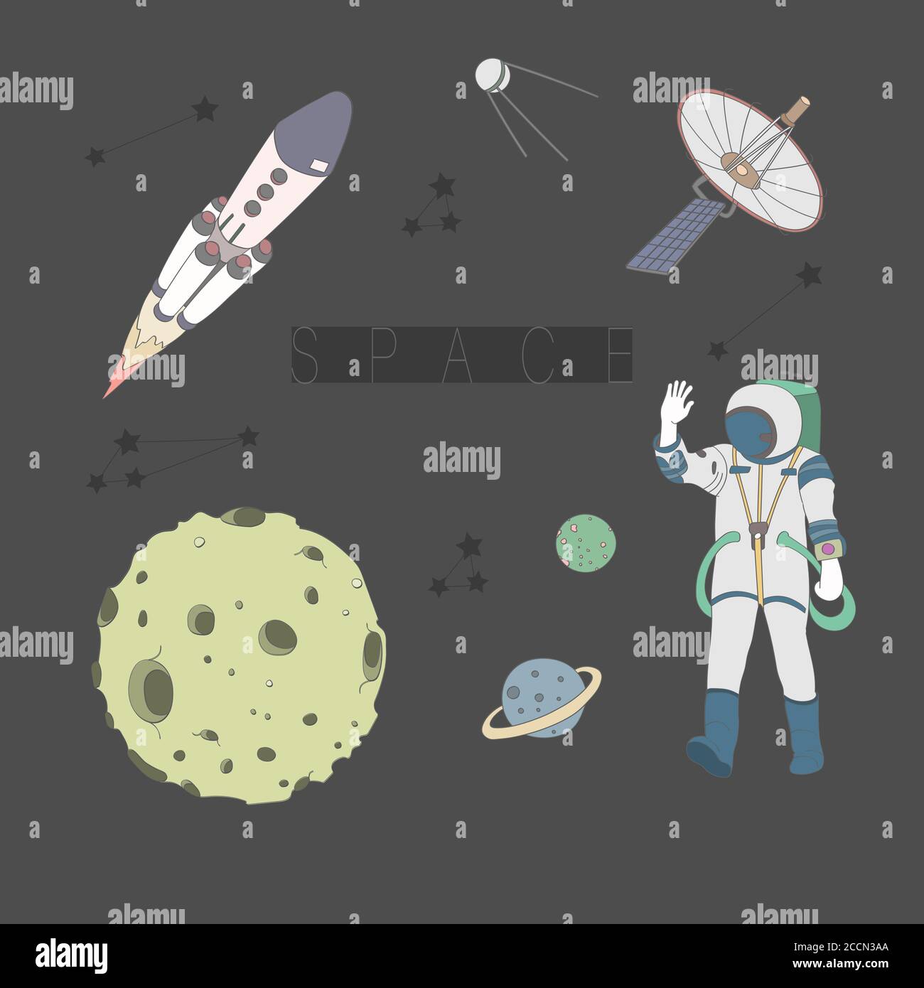 Vector set concept space. Astronaut, space rocket, planet, satellite, stars.  Stock Vector