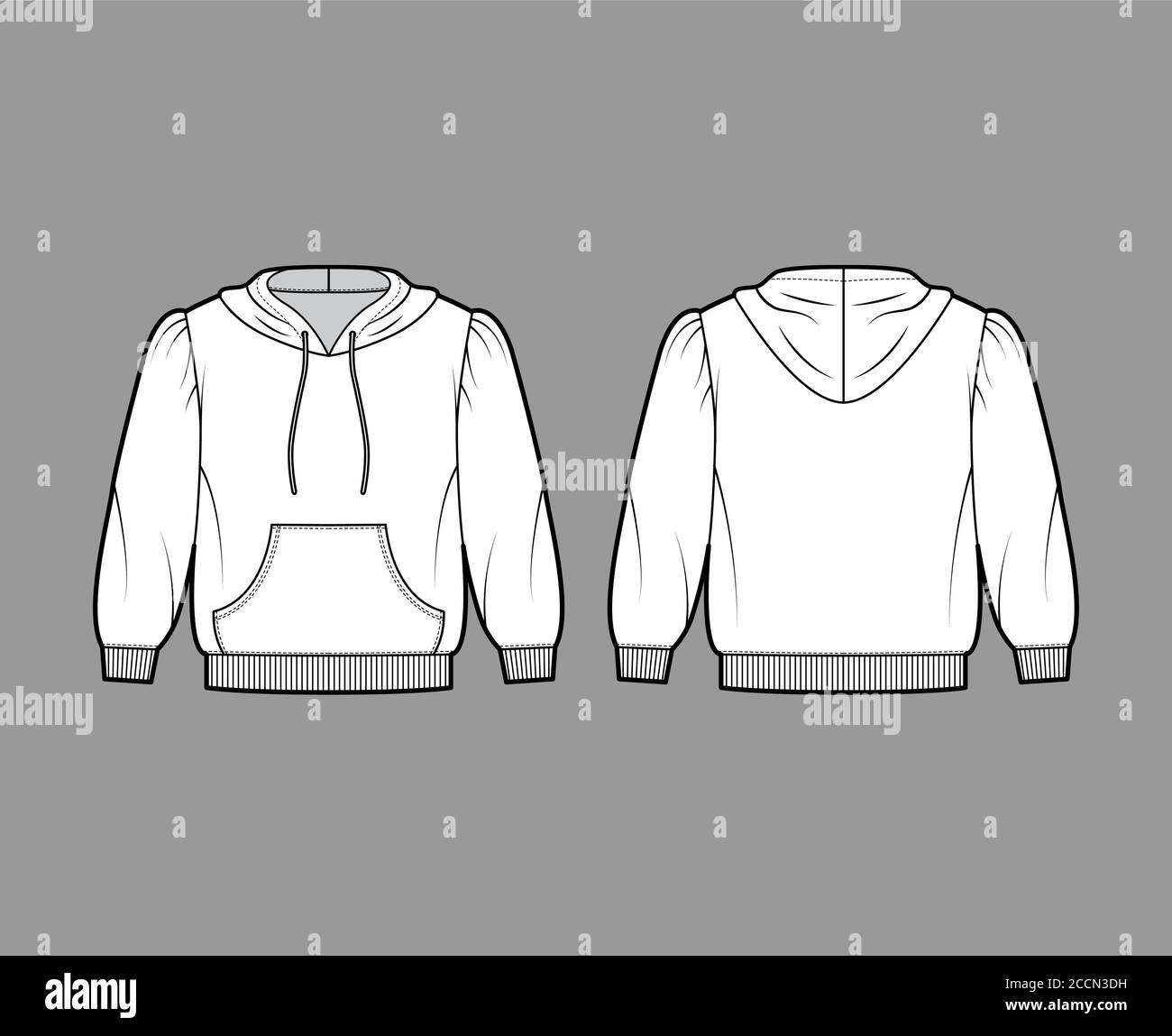 Cropped cotton-jersey hoodie technical fashion illustration with loose fit, puffed shoulders, elbow sleeves, front pocket. Flat jumper template front back white color. Women men unisex sweatshirt top Stock Vector