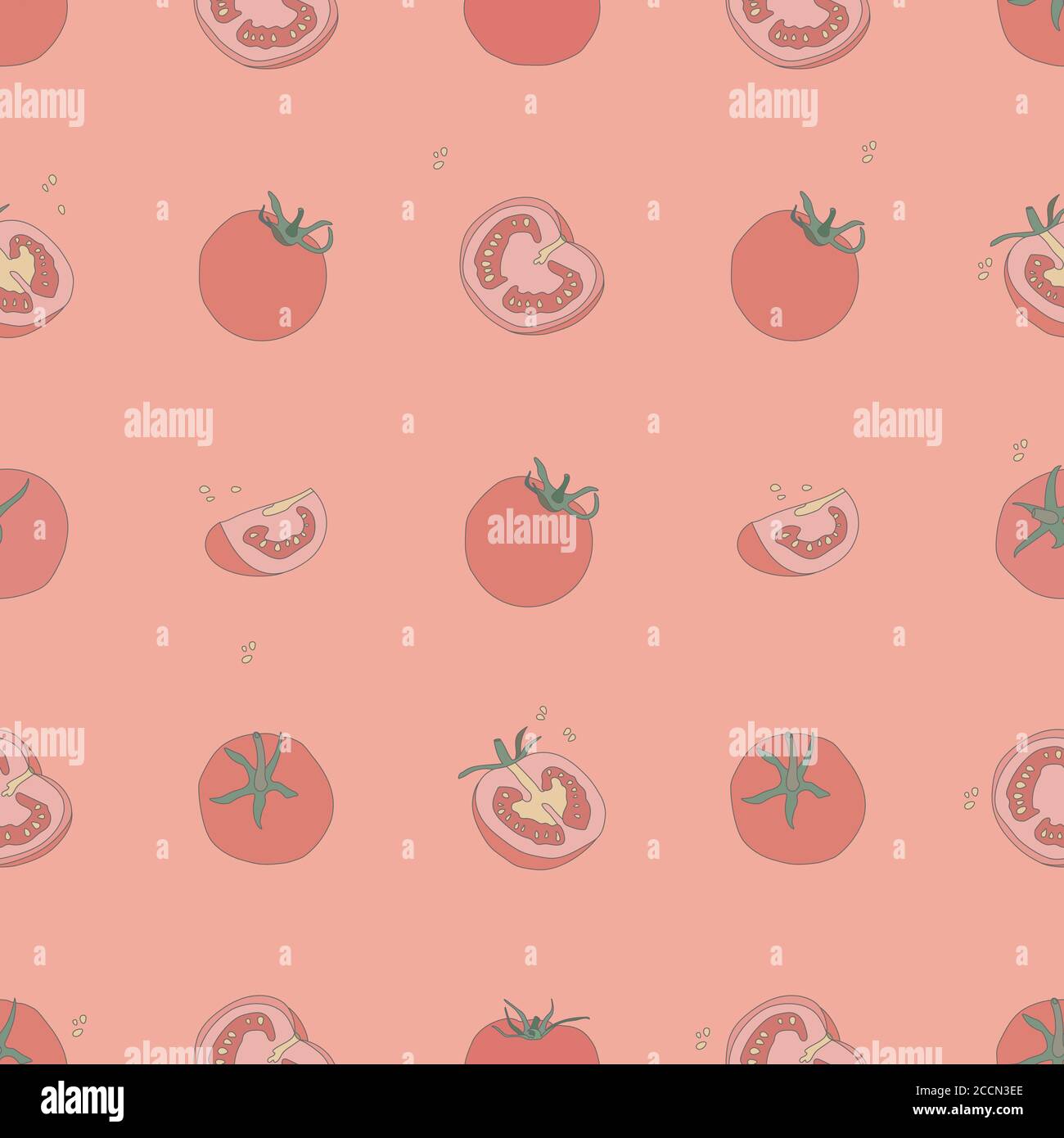 Tomatoes vector seamless pattern. Whole and sectional vegetables. Stock Vector