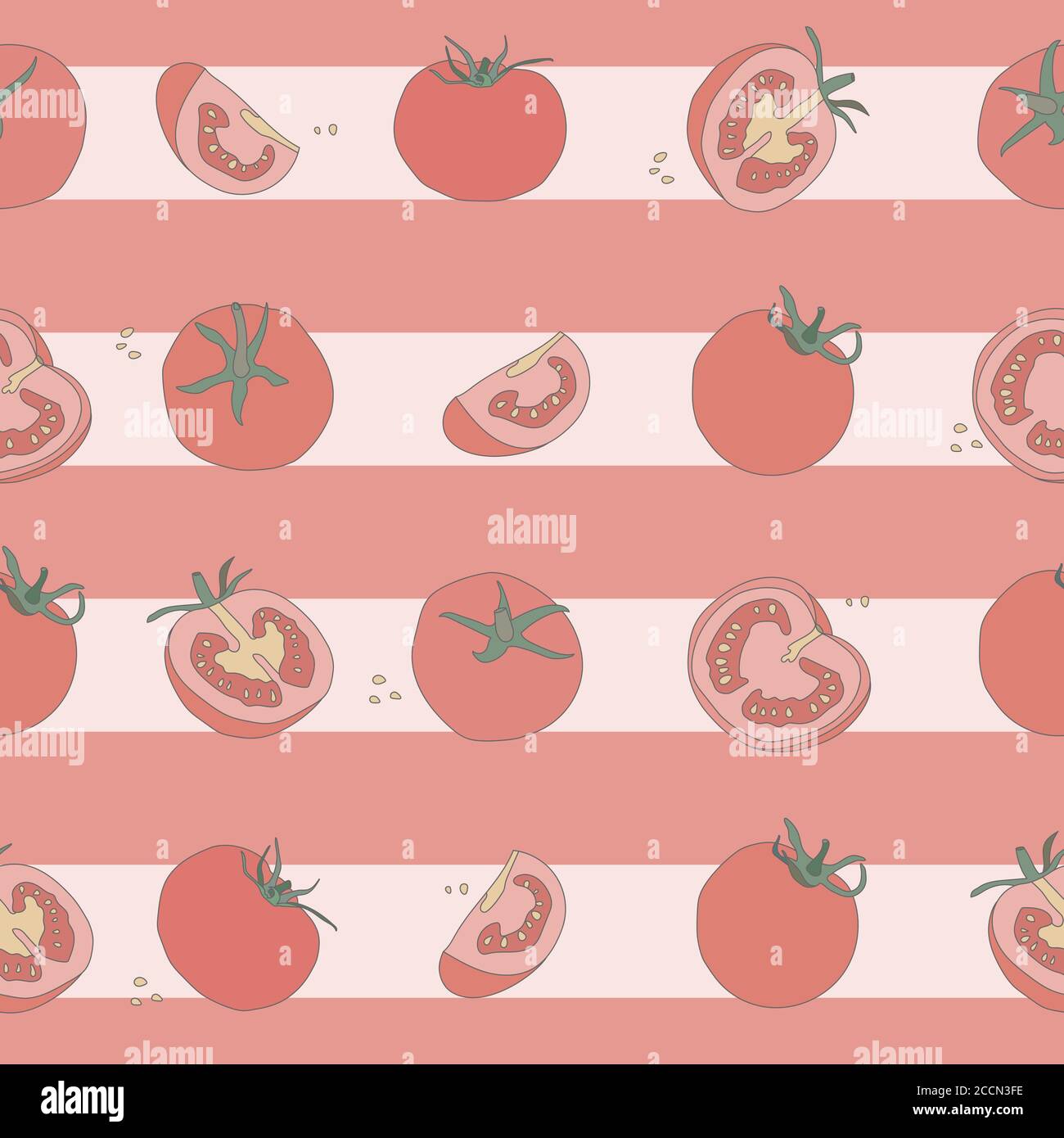 Tomatoes vector seamless pattern. Whole and sectional vegetables.  Stock Vector