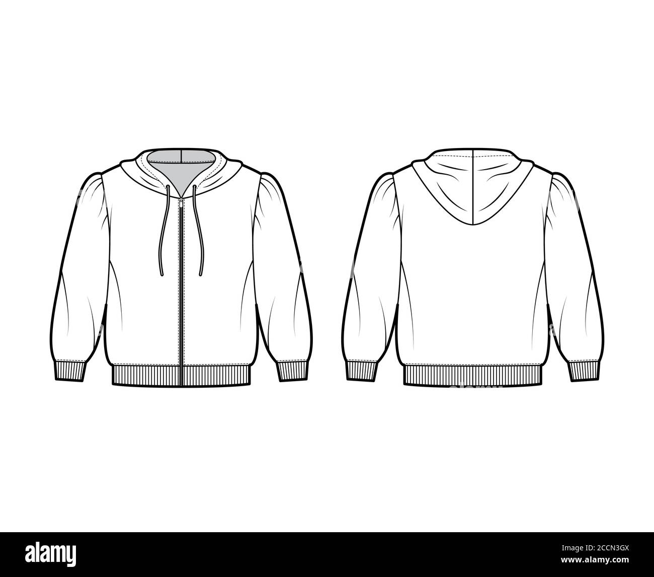 Zip-up cropped cotton-jersey hoodie technical fashion illustration with puffed shoulders, elbow sleeves, ribbed trims. Flat jumper template front back white color. Women men unisex sweatshirt top Stock Vector