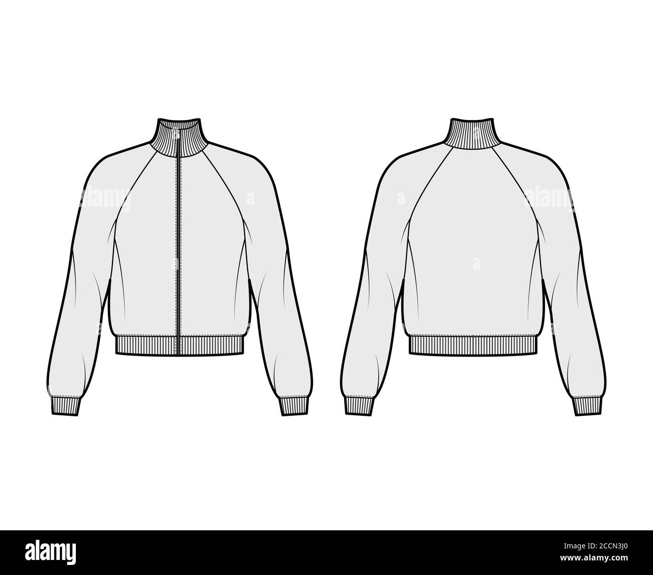 Long-sleeved zip-up sweatshirt technical fashion illustration with cotton-jersey, casual-fit, raglan, ribbed trims. Flat outwear jumper apparel template front back grey color. Women men unisex top CAD Stock Vector