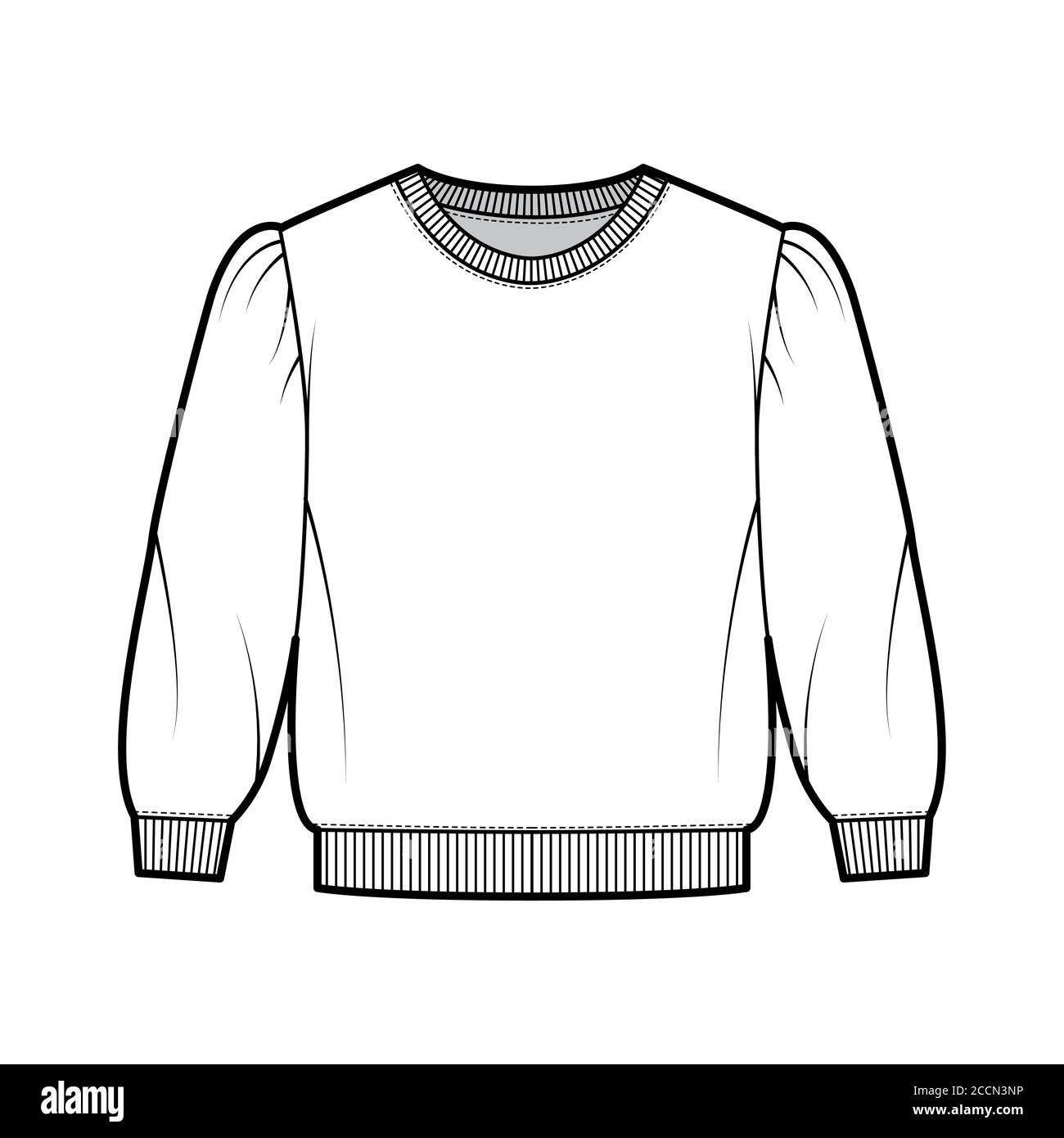 Cropped cotton-terry sweatshirt technical fashion illustration with puffed shoulders, elbow sleeves, ribbed trims. Flat outwear jumper apparel template front white color. Women, men unisex top CAD Stock Vector