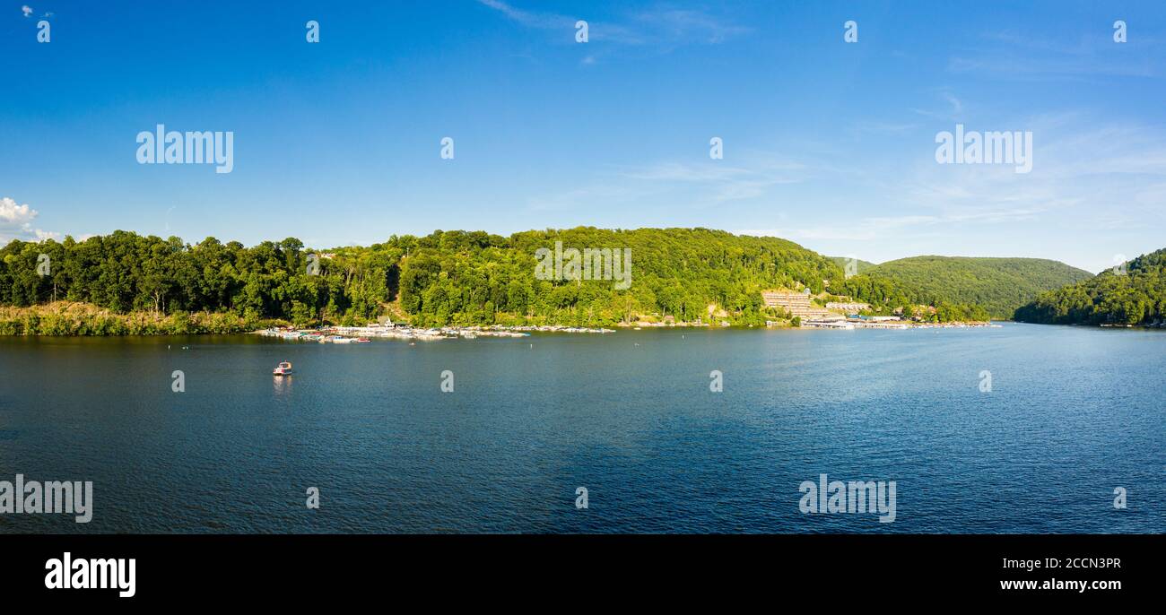 Wide panoramic view of Cheat Lake near Morgantown in West Virginia from aerial drone shot above the water Stock Photo