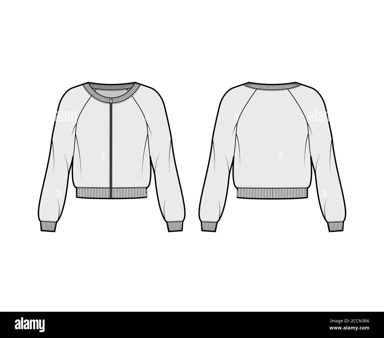 Zip Up Cotton Terry Sweatshirt Technical Fashion Illustration With Relaxed Fit Scoop Neckline Long Raglan Sleeves Ribbed Trims Flat Jumper Template Front Back Grey Color Women Men Unisex Top Stock Vector Image Art