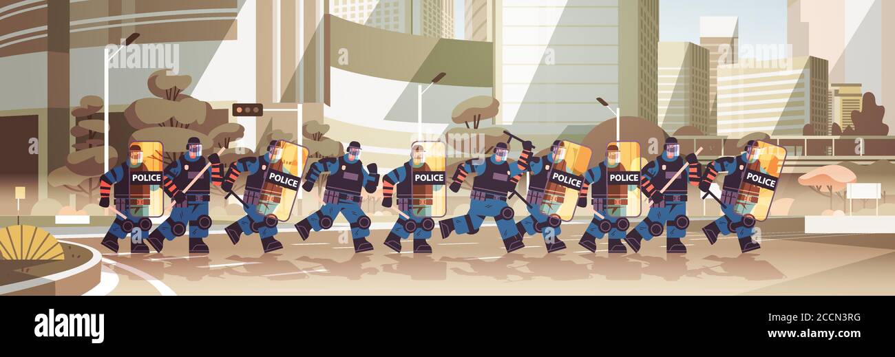 policemen with shields and batons riot police officers standing together protesters demonstrations control concept cityscape full length horizontal vector illustration Stock Vector