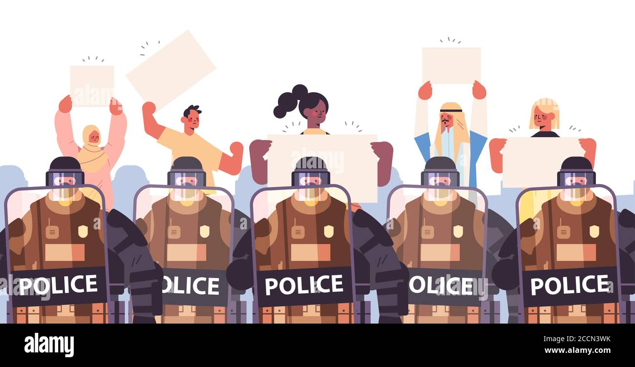 policemen in full tactical gear riot police officers controlling mix race street protesters with placards during clashes demonstration protest concept portrait horizontal vector illustration Stock Vector