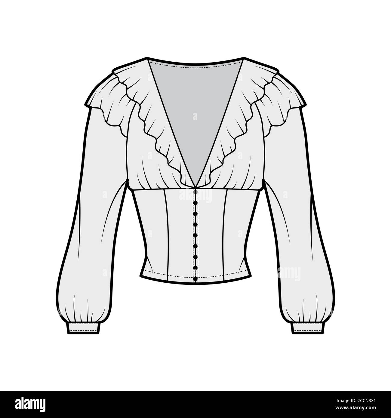 Ruffled cropped blouse technical fashion illustration with long bishop sleeves, puffed shoulders, front button fastenings. Flat apparel top template front grey color. Women men unisex shirt CAD mockup Stock Vector