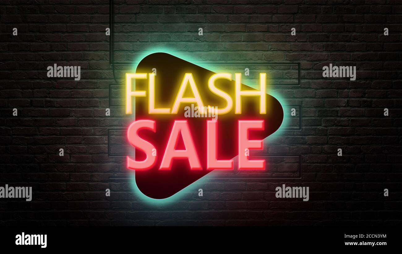 Flash sale sign emblem in neon style on brick wall background Stock Photo
