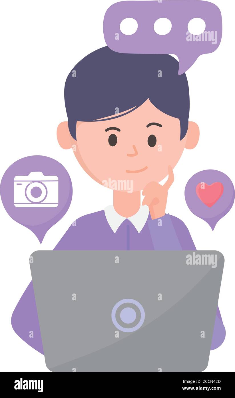 young man using laptop different apps social network communication and technologies vector illustration Stock Vector