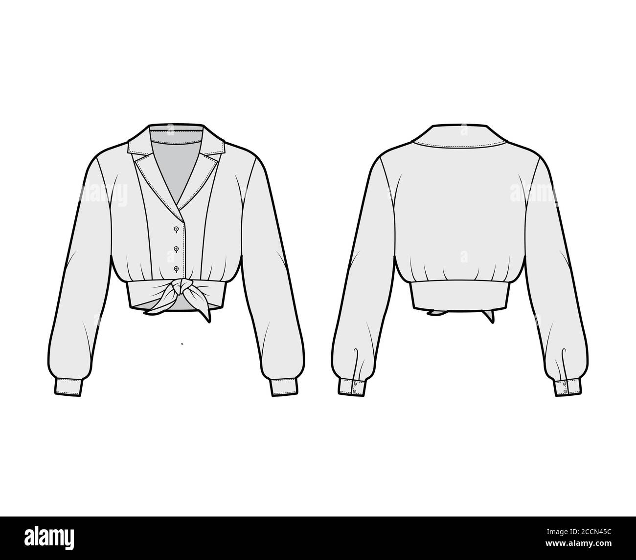 Tie-front cropped shirt technical fashion illustration with camp collar ...
