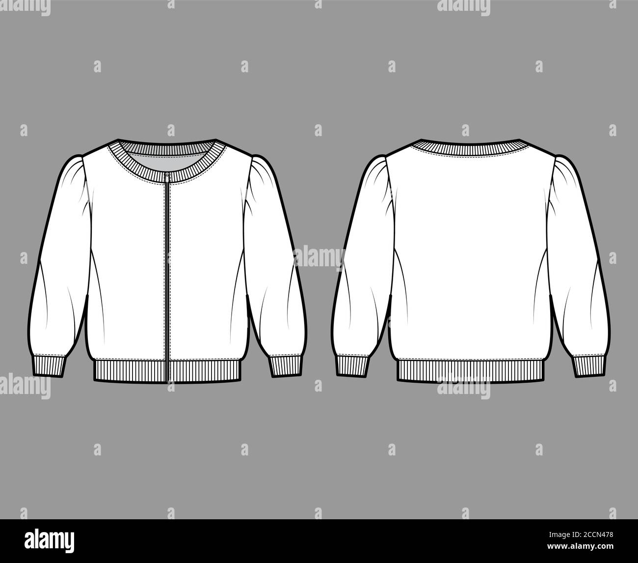 Zip-up cropped cotton-terry sweatshirt technical fashion illustration with scoop neckline, puffed shoulders, elbow sleeves. Flat jumper apparel template front back white color. Women, men unisex top Stock Vector