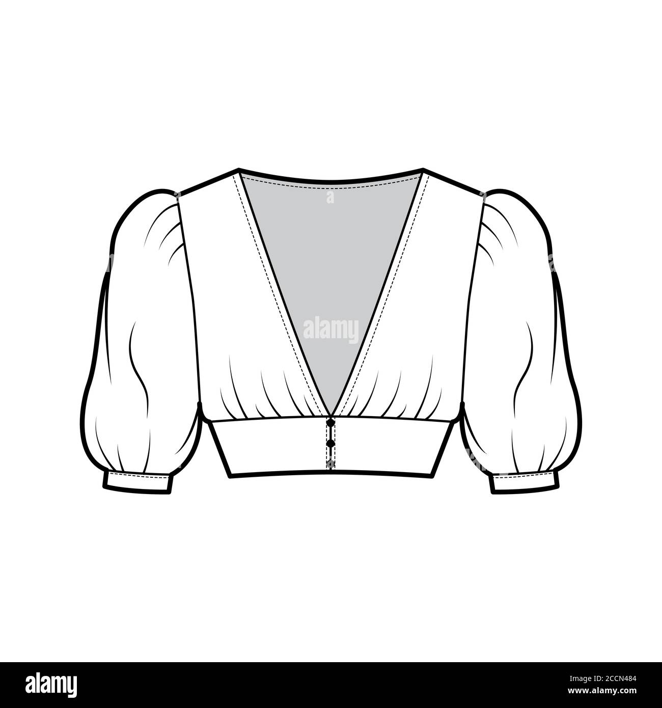 Cropped top technical fashion illustration with short sleeves, puffed shoulders, front button fastenings, fitted body. Flat apparel shirt template front white color. Women men unisex blouse CAD mockup Stock Vector