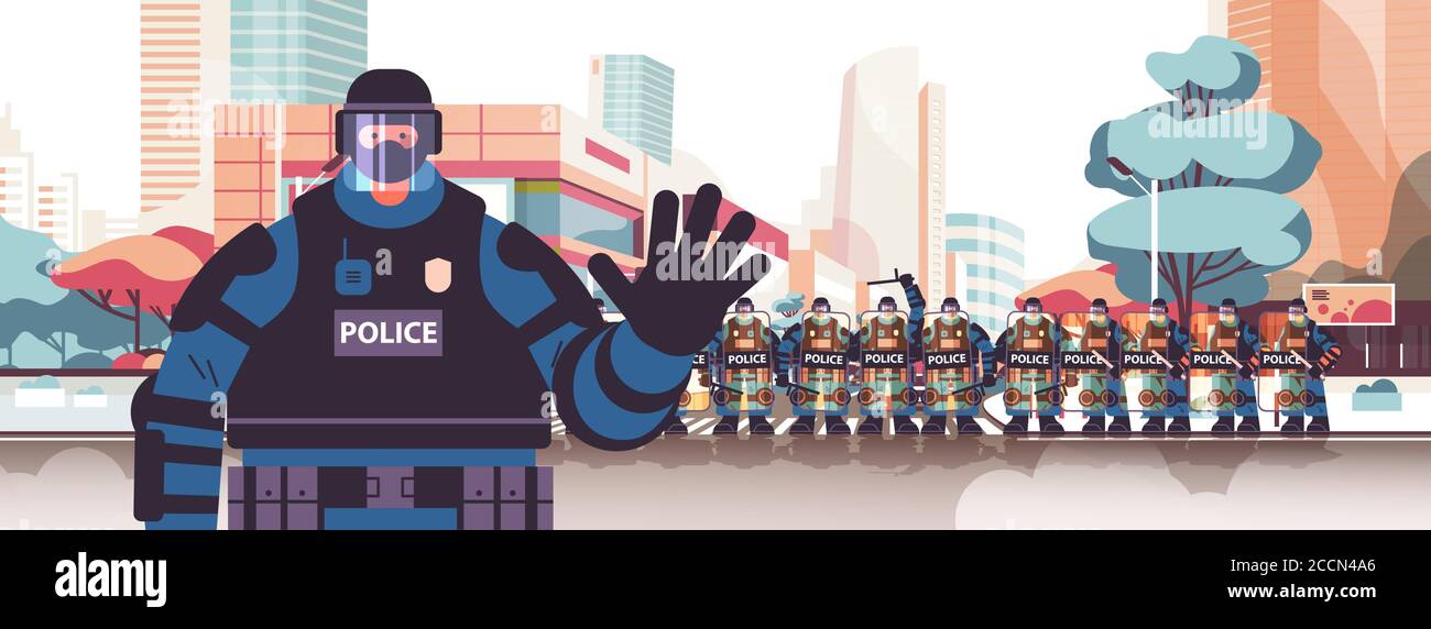 policeman in full tactical gear riot police officer waving hand protesters and demonstrations control concept cityscape portrait horizontal vector illustration Stock Vector