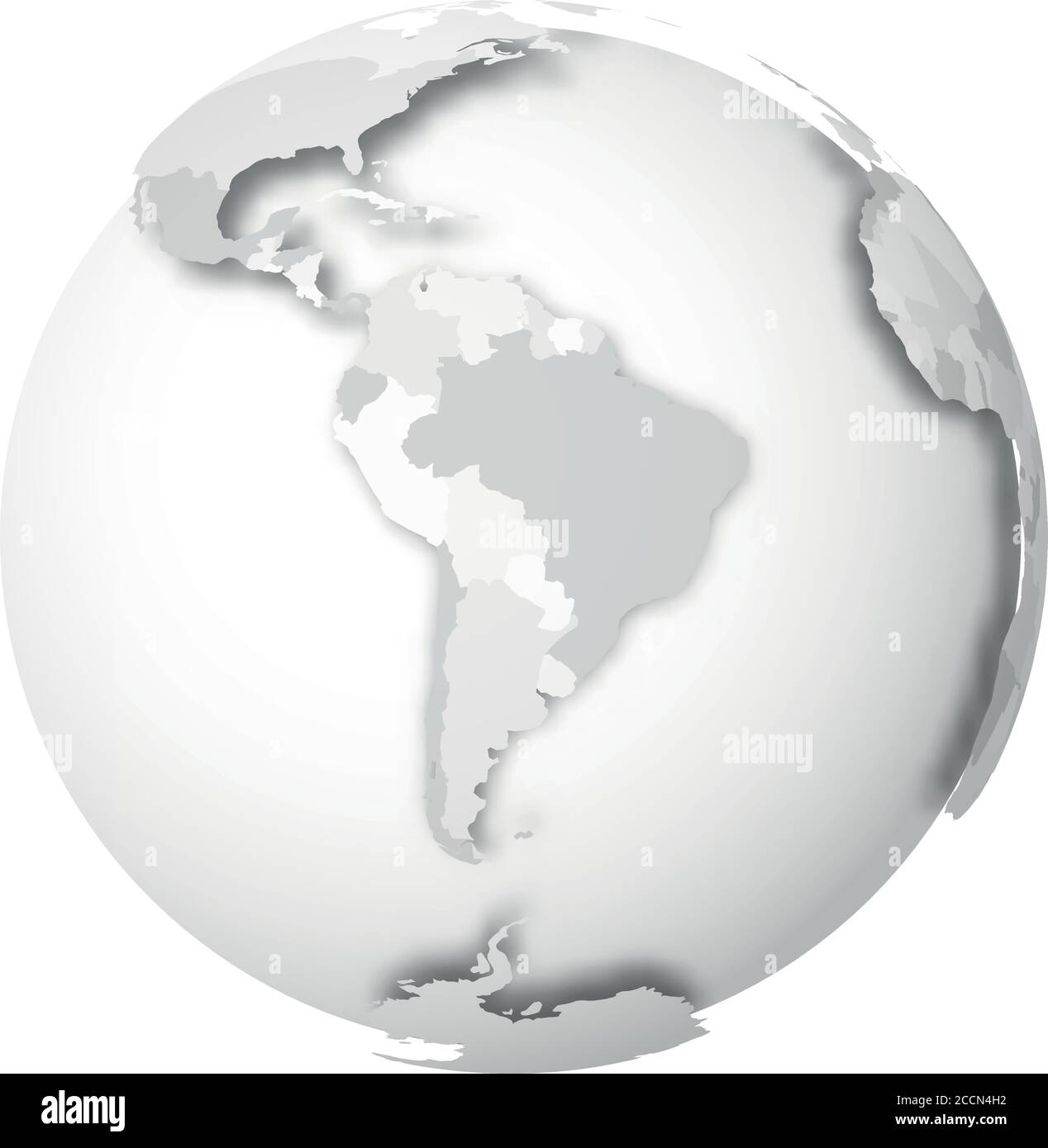 Earth globe. 3D world map with grey political map of countries dropping shadows on white seas