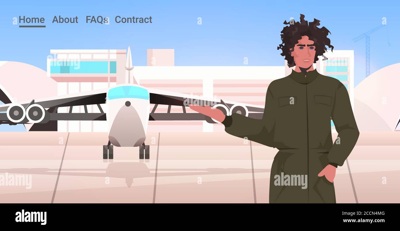man pilot in uniform standing near plane airport terminal aviation concept portrait horizontal copy space vector illustration Stock Vector
