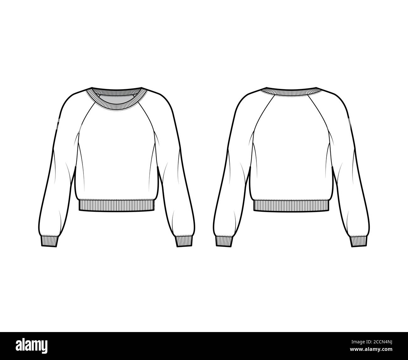 Cotton-terry sweatshirt technical fashion illustration with relaxed fit, scoop neckline, long raglan sleeves, ribbed trims. Flat outwear jumper template front back white color. Women, men unisex top Stock Vector