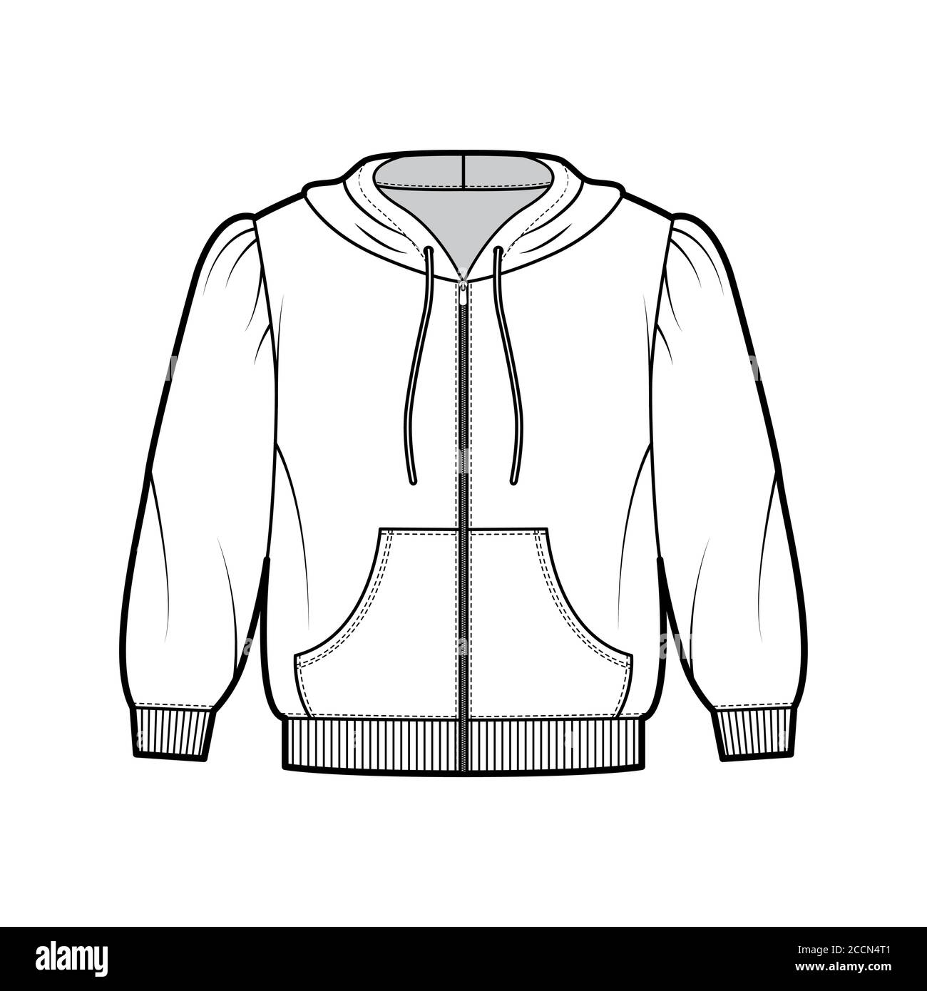 Zip-up cropped cotton-jersey hoodie technical fashion illustration with puffed shoulders, elbow sleeves, front pocket. Flat jumper apparel template front white color. Women men unisex sweatshirt top Stock Vector