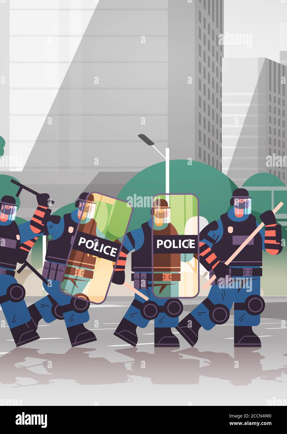 policemen with shields and batons riot police officers standing together protesters demonstrations control concept cityscape full length vertical vector illustration Stock Vector