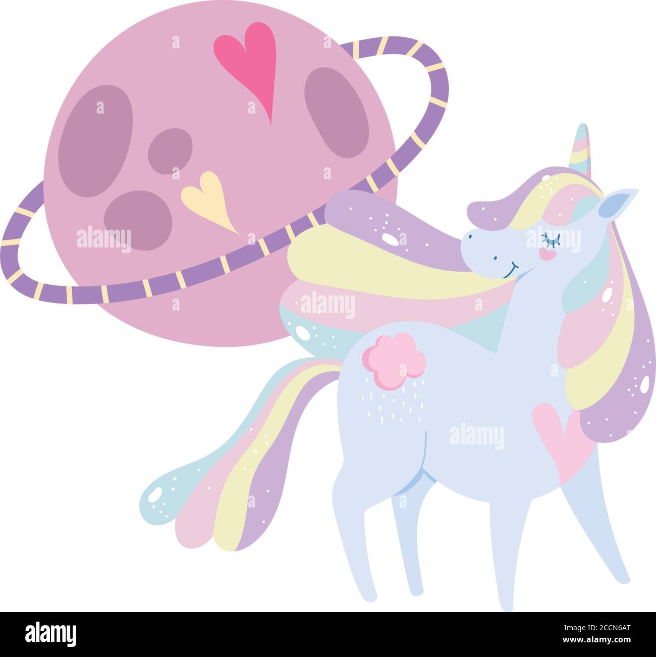 unicorn planet stars rainbow decoration magic cartoon vector illustration Stock Vector