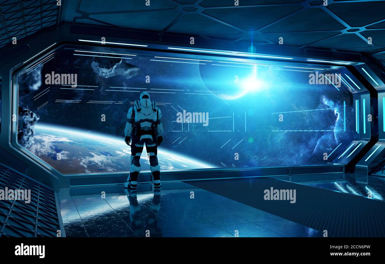 Astronaut in futuristic blue spaceship watching space through a large window 3d rendering elements of this image furnished by NASA Stock Photo