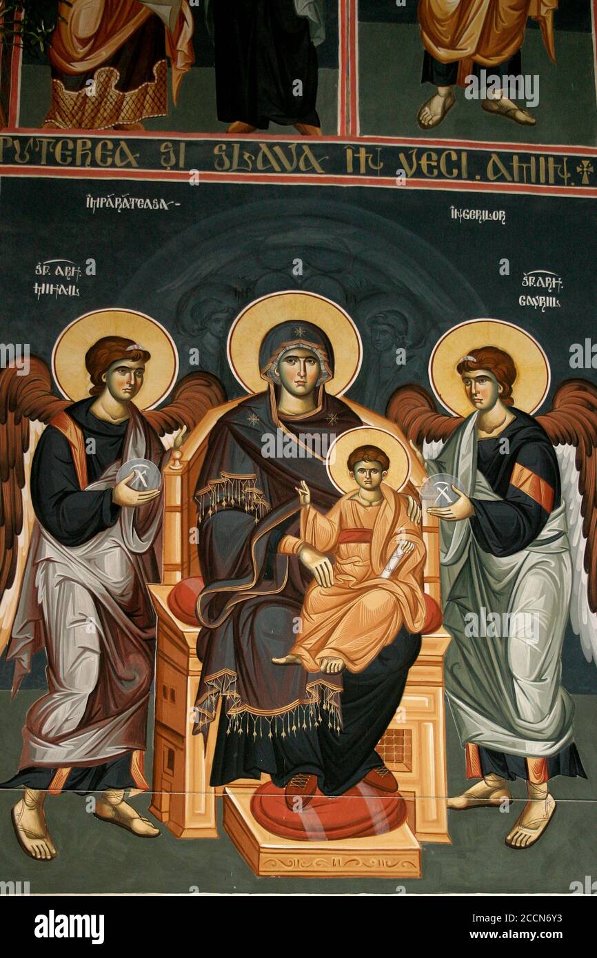 Interior of the St. Andrew Christian Orthodox Church in Oradea, Romania. Fresco portraying Virgin Mary holding Jesus as a baby. Stock Photo