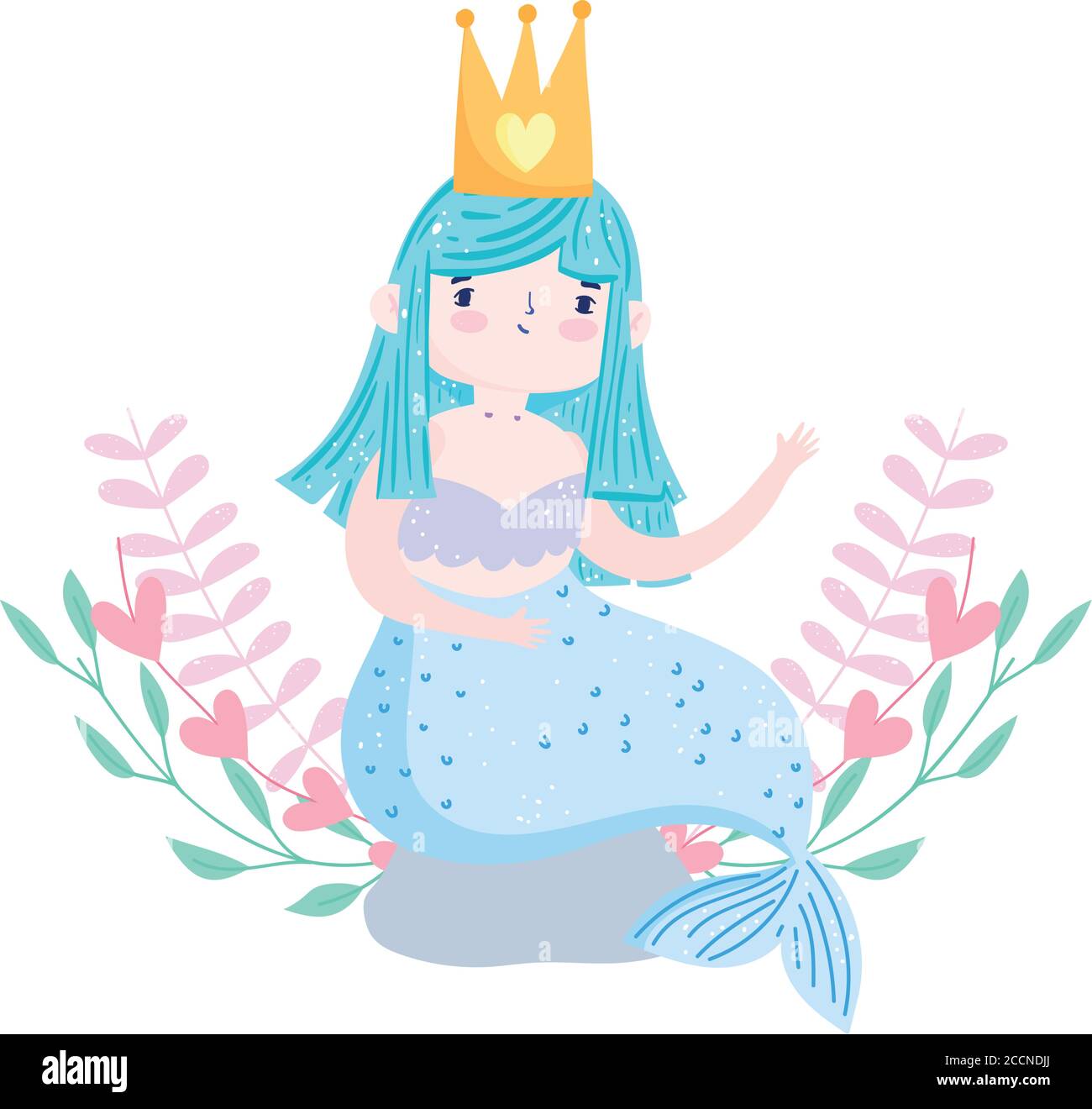 cute little mermaid sitting on rock with foliage moon cloud cartoon