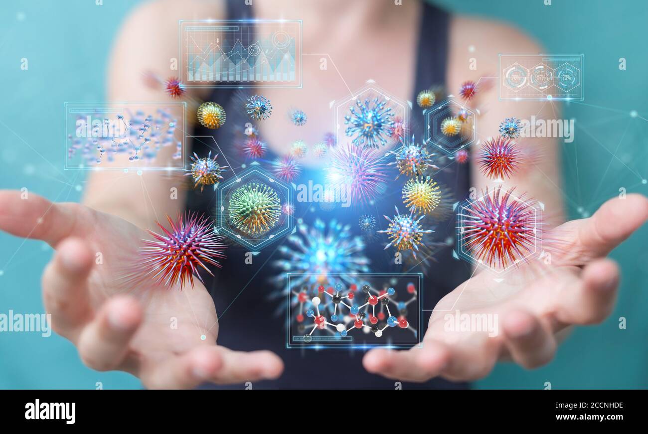 Businesswoman on blurred background analyzing bacteria microscopic close-up 3D rendering Stock Photo