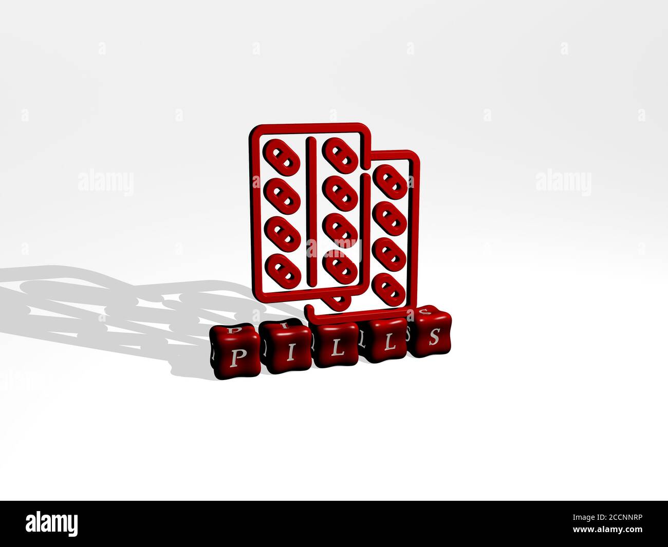 PILLS 3D icon object on text of cubic letters, 3D illustration Stock Photo