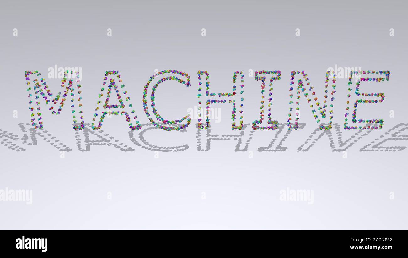 machine written in 3D illustration by colorful small objects casting ...