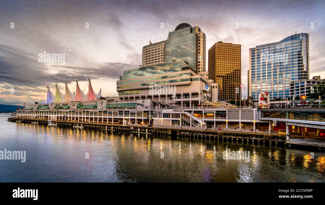 Golden Hour Sunset over the Canada Place Cruise Terminal Building and High Rise Buildings of